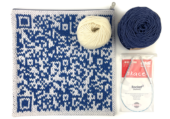Locked Floats Workshop Kit with QR code project bag, yarn, and needle