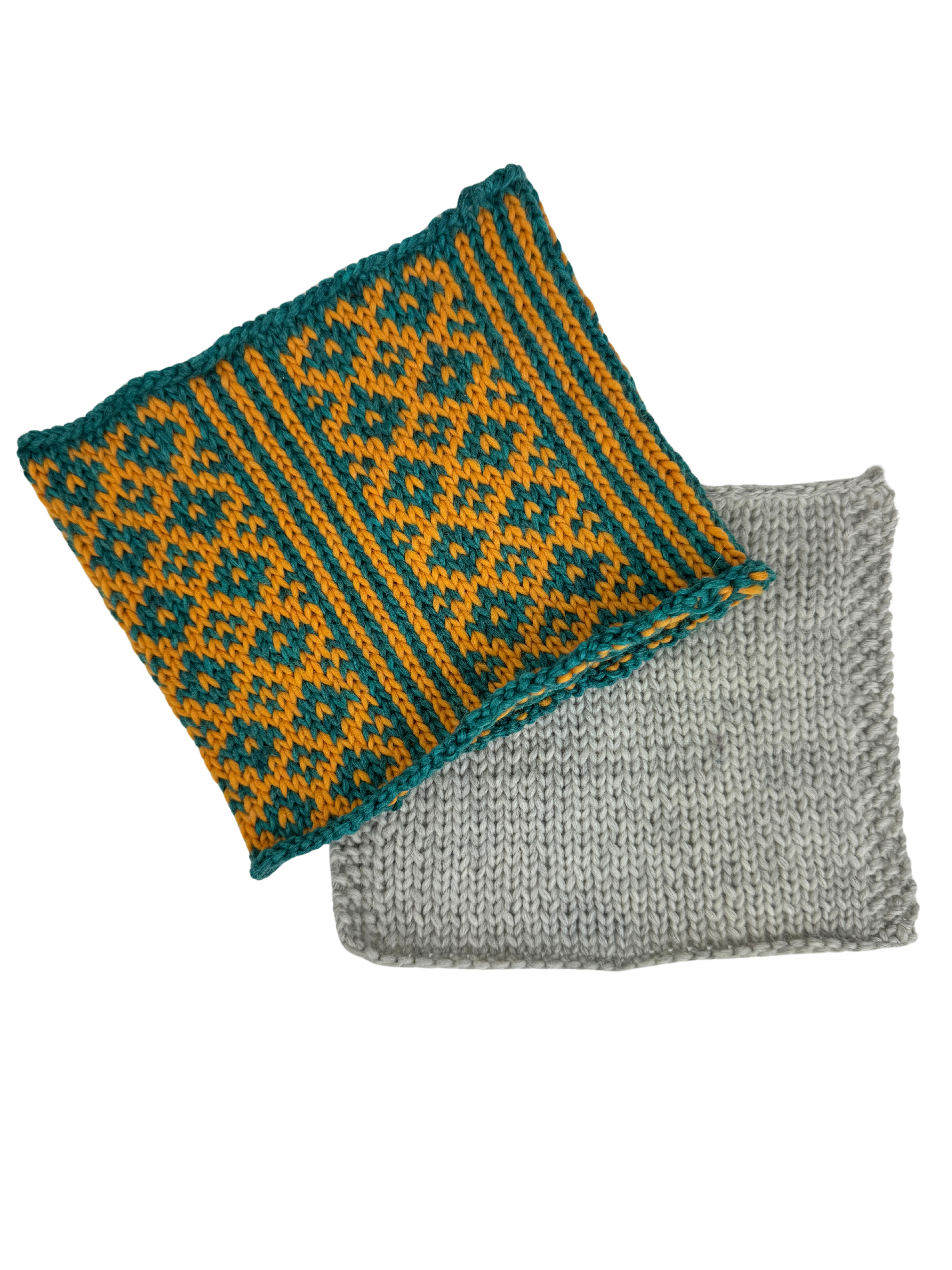 Steeks homework swatches: a colorwork tube and a flat single-color swatch
